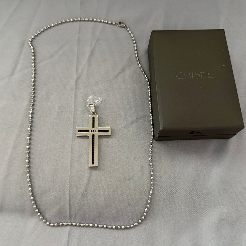 Chisel Dad Stainless Steel and Black Ion-Plated Cable Cross Pendant Necklace